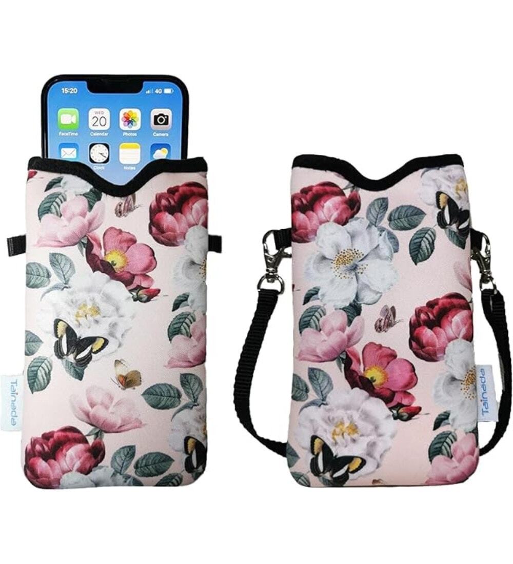 Tainada Pink Floral Neoprene Phone Crossbody Bag Neck Lanyard Cellphone Sleeve